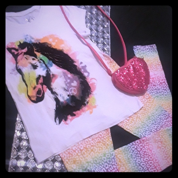 Justice Other - Justice rainbow felt horse top, print leggings EUC